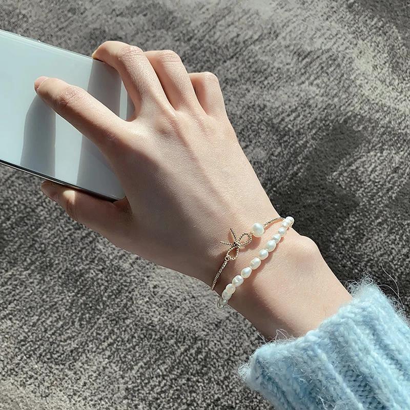 Ladies Fashion Simple Personality Freshwater Pearl Two-piece Bracelet Chain Temperament Adjustable Bracelet