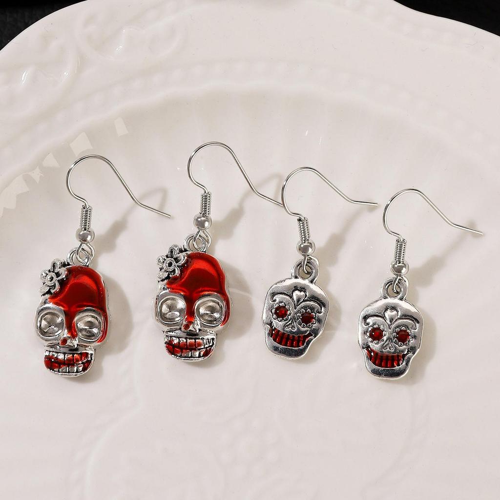 Gothic Skull & Heart Piercing Broadsword Earrings Set - Halloween Vintage Drip Oil Design