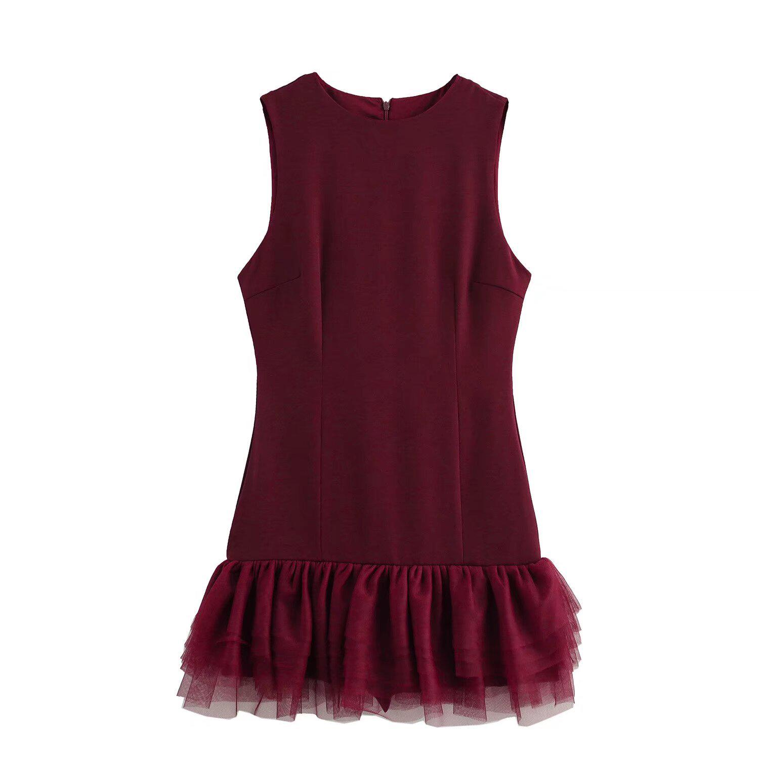 

Зимнее женское платье 2024 года в европейском и американском стиле, лоскутное из шелка и сетки, без рукавов Medium темно-красного