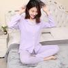 Spring Autumn Cotton Long Sleeved Pajamas Loose Casual Home Wear Nightwear Flip Collar Cardigan Pants Two Piece Sleepwear