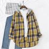 Felpa Lunga con Cappuccio da Donna Stampa a Quadri Colori a Contrasto Vestibilità Larga Maniche Lunghe Coulisse Cardigan Monopetto Bottoni Giacca Primaverile per Uso Quotidiano