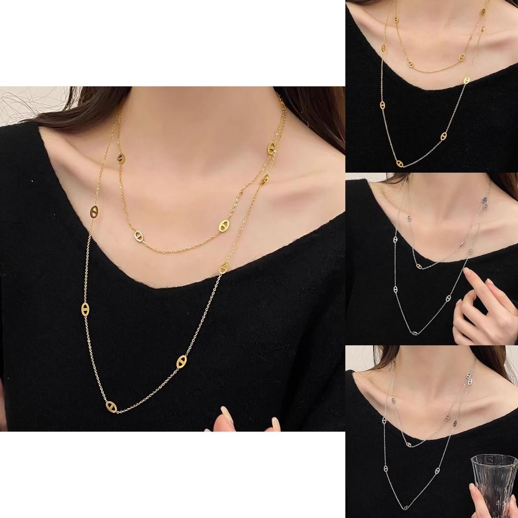 Fashionable 120cm Layered Titanium Steel Necklace For Women With Trendy Double Rings