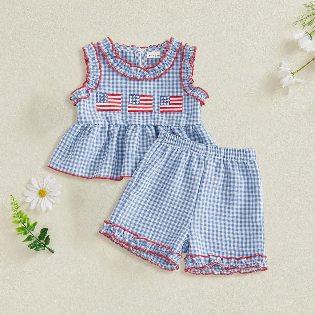 Toddler Girls Sleeveless Top and Shorts Set Gingham Pattern Embroidered Flag Detail Summer Outfit Lightweight Breathable Fabric