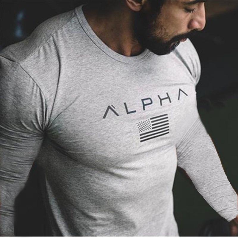 Men Long Sleeves Letter Printed T-Shirt Fitness Tees Outdoor Sport Running Climbing Tights Bodybuilding Muscle Gym Train Compression Shirt