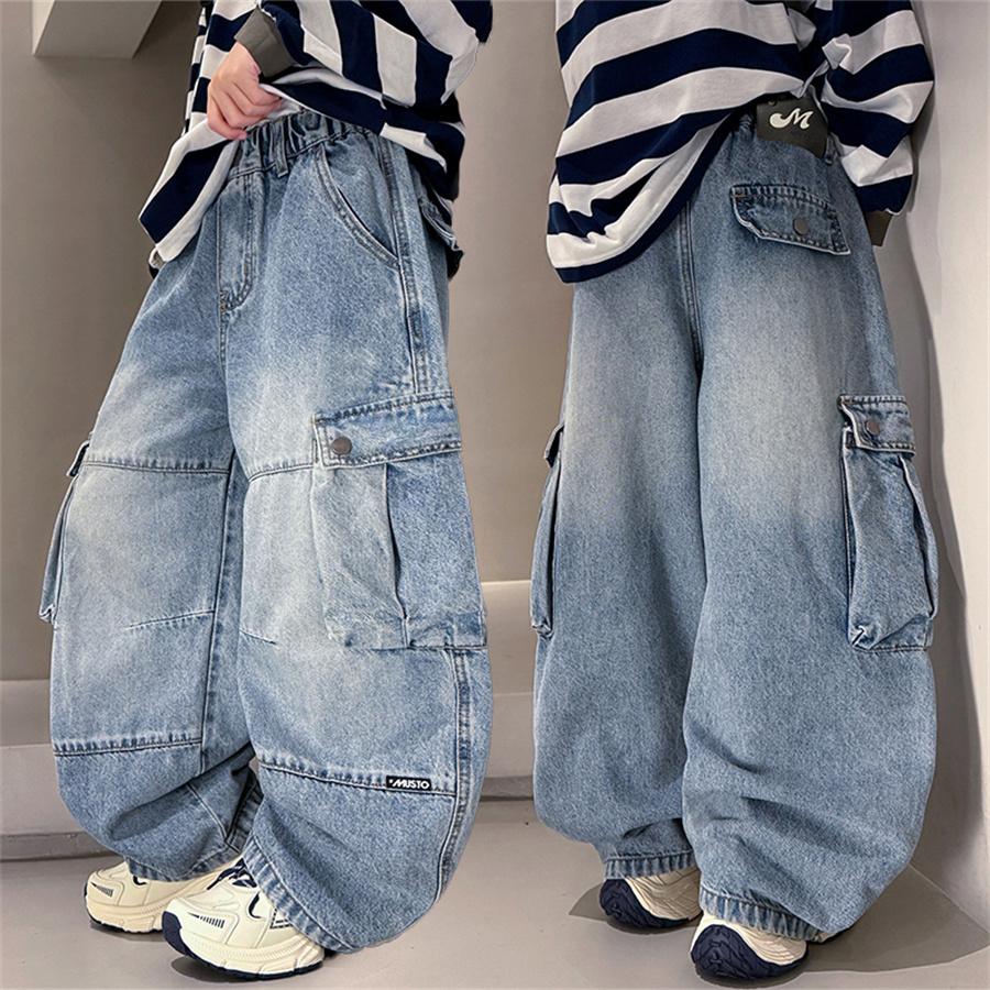 Jeans Cargo Larghi da Lavoro Pesanti di Alta Qualità per Ragazzi Adolescenti Vestibilità Larga Tasche Pantaloni in Denim Bambini Pre-adolescenti Moda Jeans Pantaloni