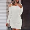 Women  Dress Knitted One Shoulder  Elastic Neck Solid Color Tight Waist Anti-shrink Long Sleeve Mini Sheath Dress Party