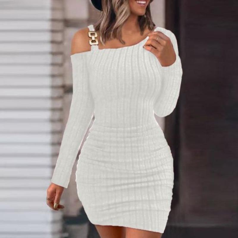 Women  Dress Knitted One Shoulder  Elastic Neck Solid Color Tight Waist Anti-shrink Long Sleeve Mini Sheath Dress Party