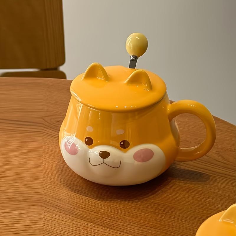 2pcs Cute Dog Design Ceramic Coffee Mug and Spoon Set ,Yellow with White Accents, Hand Wash Only, Reusable, Perfect for Birthdays and Everyday Use