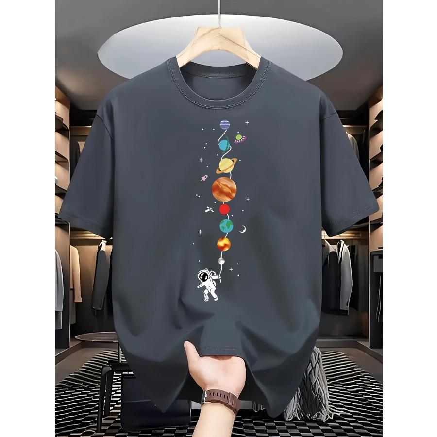 Men's Summer Astronaut Planet Pattern Print Fashion Casual Sporty Loose Crew Neck Short Sleeve T-Shirt