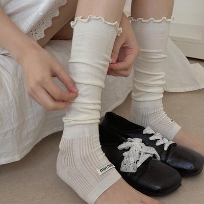 Sock-style Women's Summer/autumn Lightweight Solid-color Vertical Stripe Mid-calf Wooden-ear Cuff Breathable All-purpose Foot Cover Socks