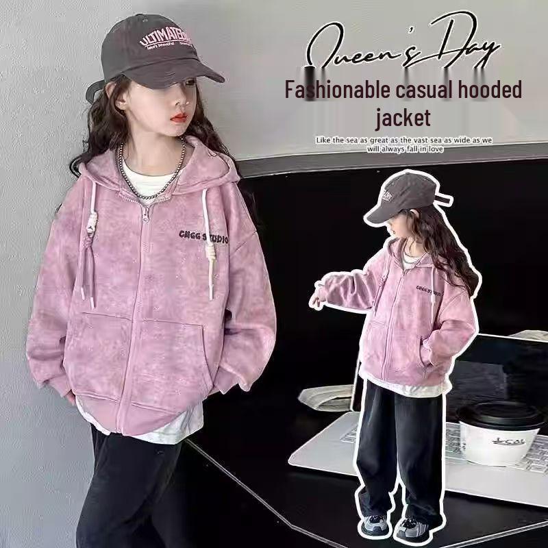 

Девичья толстовка с капюшоном в стиле бейсбольной куртки тай-дай с золотыми брызгами - Весна 2025, повседневный топ свободного кроя 140 cm