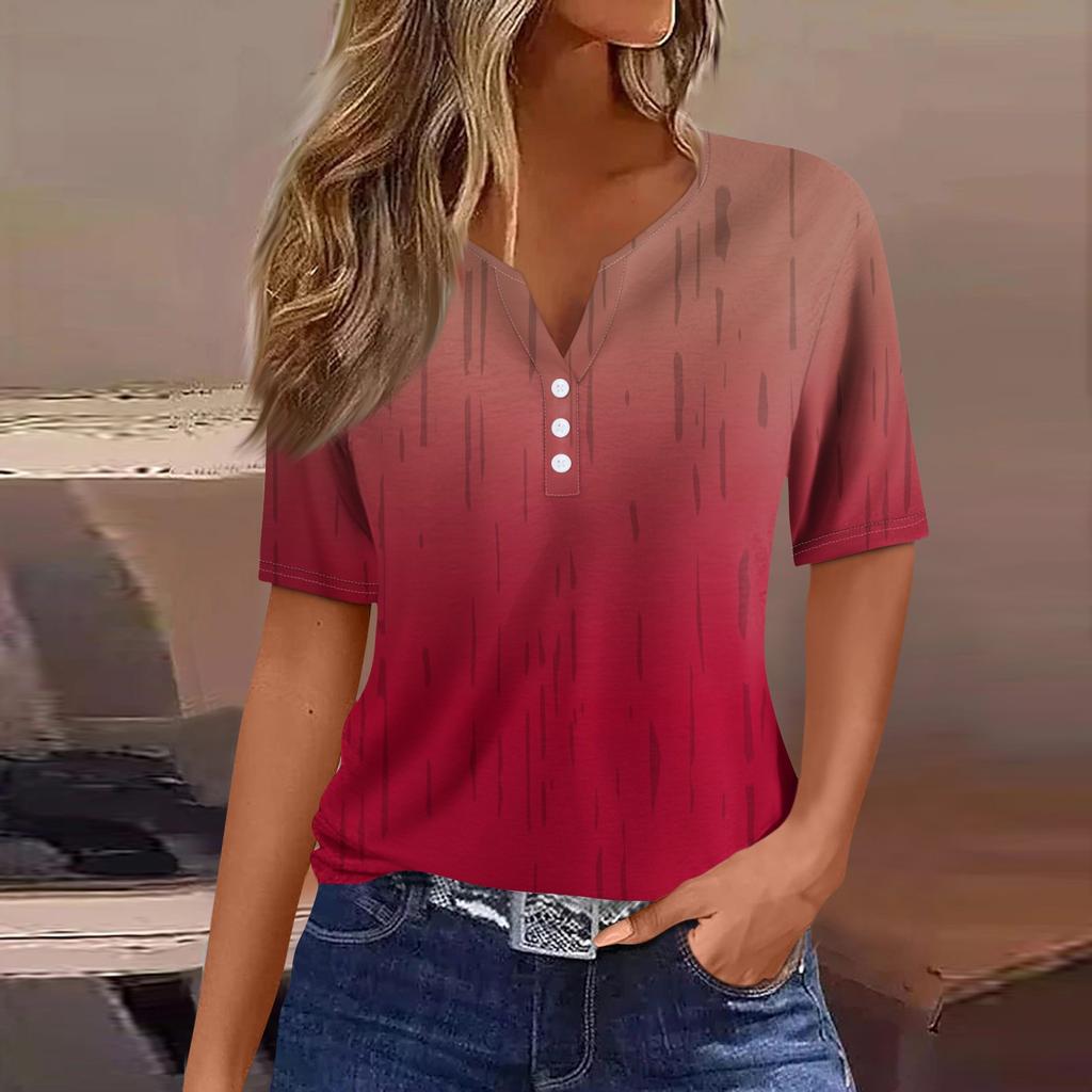 Damen-T-Shirt, T-Shirt, bedruckt, Knopfleiste, kurzärmelig, für den Alltag, Wochenende, modisch, Basic, V-Ausschnitt, normales Oberteil