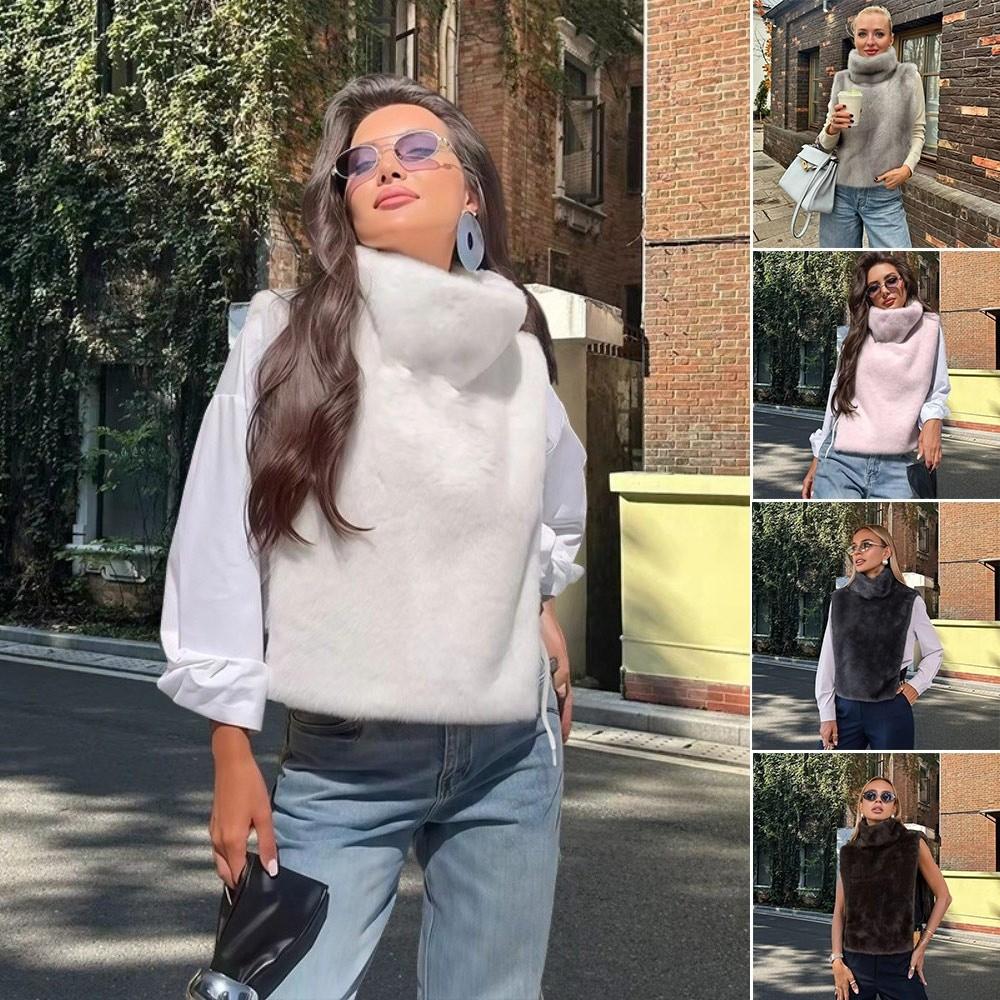 Mink Fur Turtleneck Tank Tops High Collar Layering Piece Faux Fur Vest Fluffy Thicken Sable Vest Autumn Winter