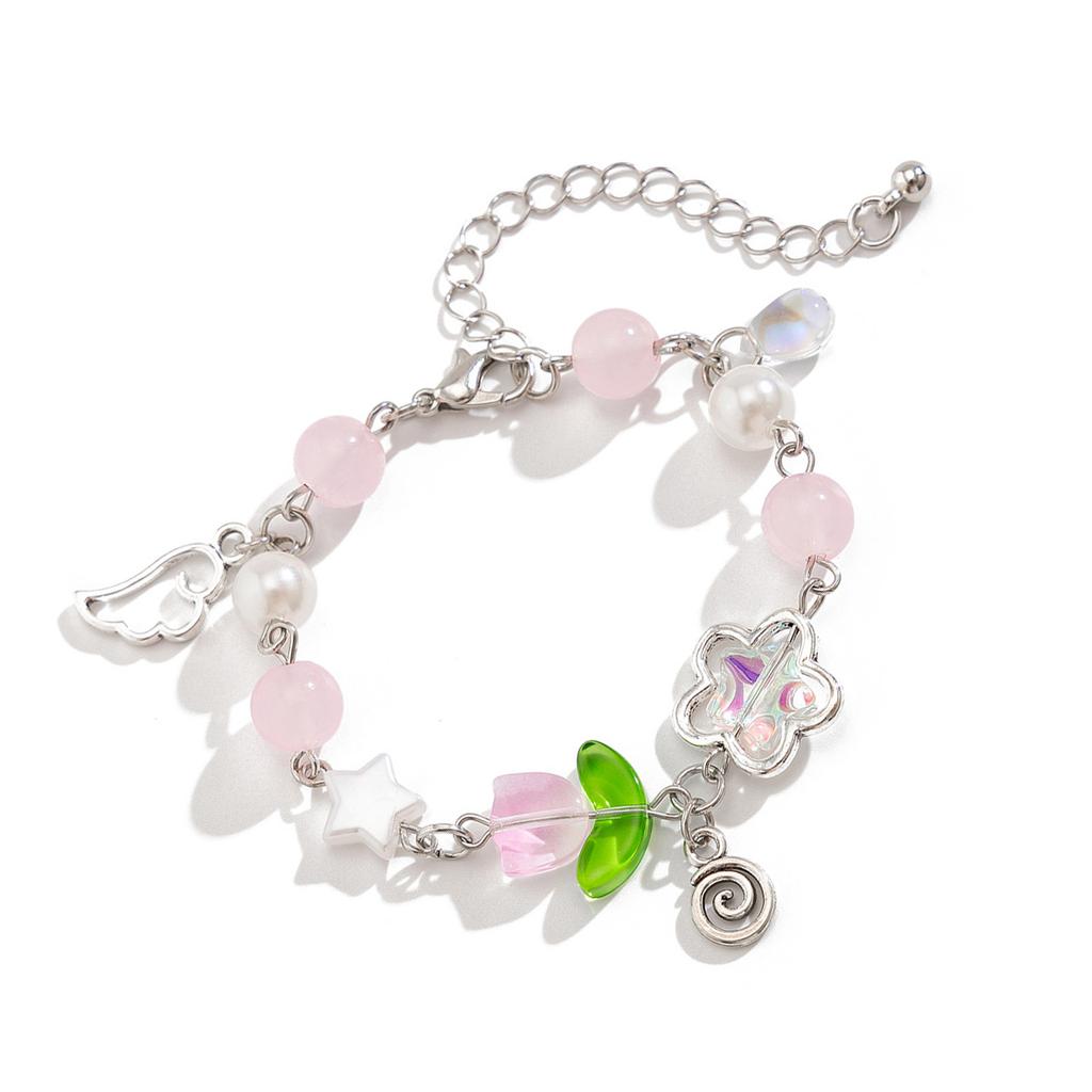 Fashionable Handmade Floral Tassels Bracelet Flower Beaded Handchain Adjustable Length Wristband Jewelry for Women