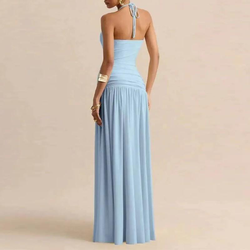 Elegant Solid Color Pleated French Style Sleeveless Maxi Dress High Waist Fit 2026 Womens Casual