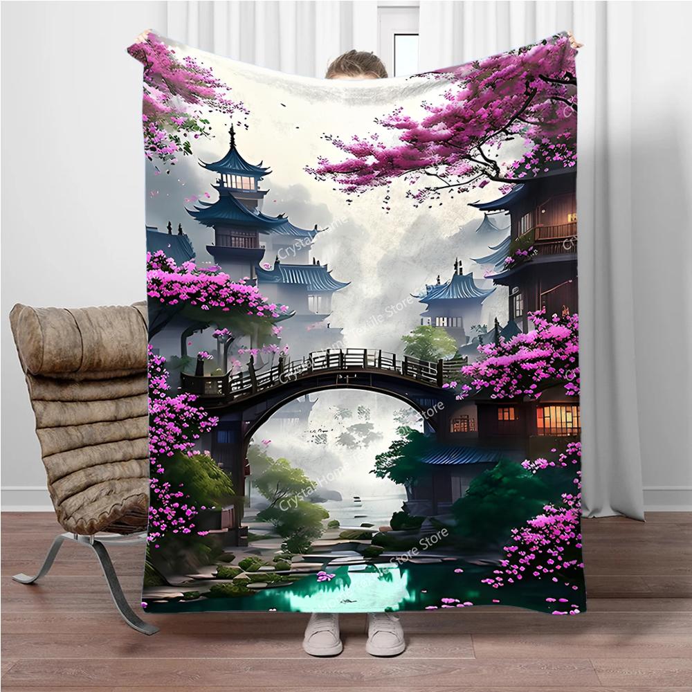 Japanese Architecture & Cherry Blossoms Flannel Blanket, Soft Warm Throw Blanket Nap Blanket For Sofa Office Bed Camping Trave