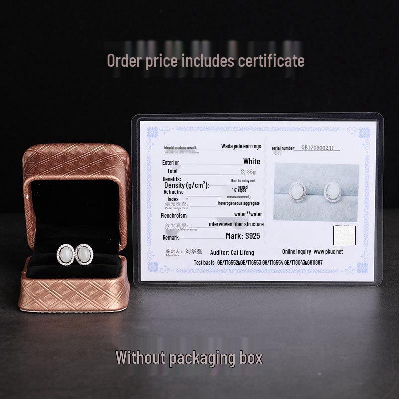 925 Sterling Silver Hetian Jade Stud Earrings with Certificate - Simple Ancient Hanfu Cheongsam Style White Jade Earrings