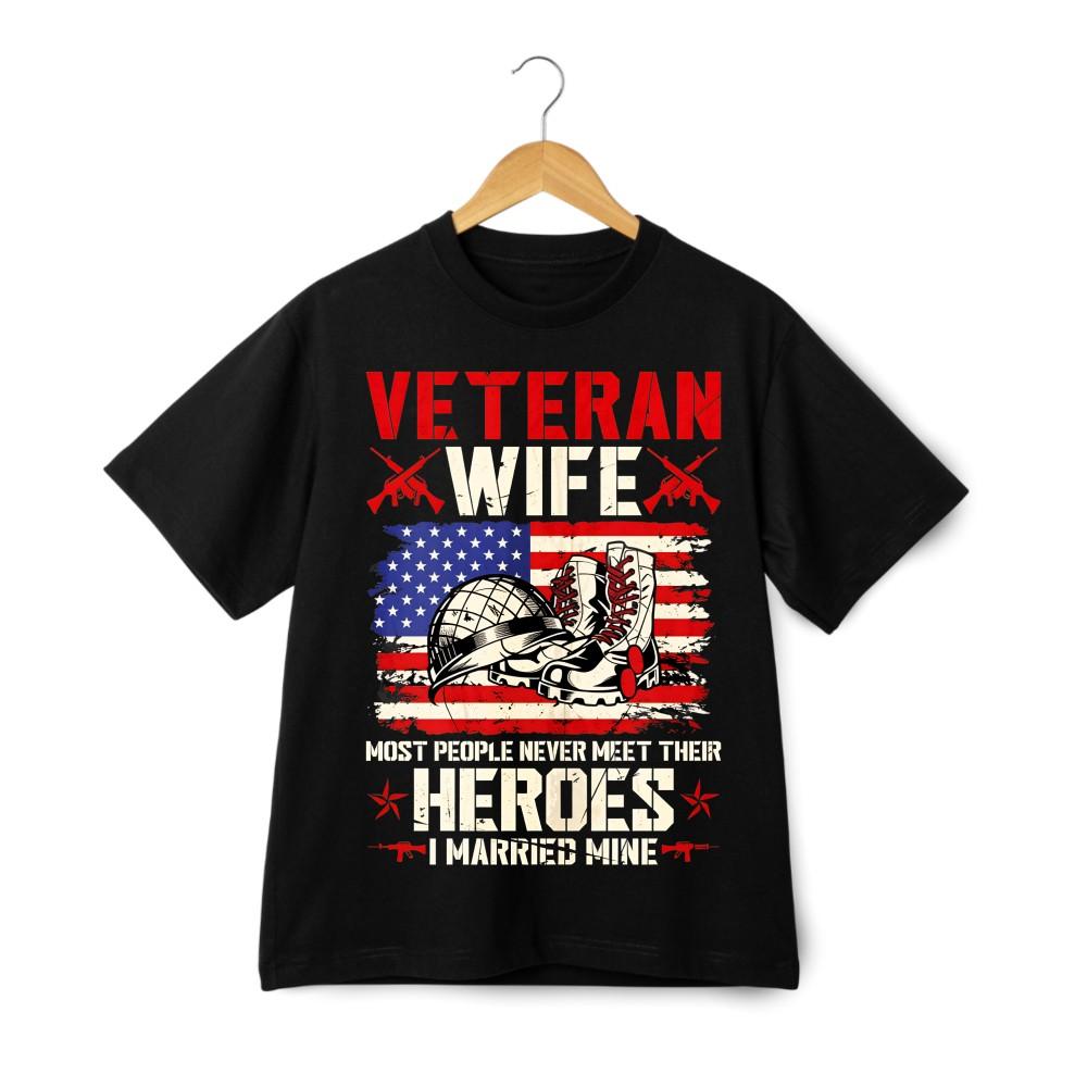 Unisex Proud Veteran Wife Graphic T-Shirt-I Married My Hero US Flag Military Tee S