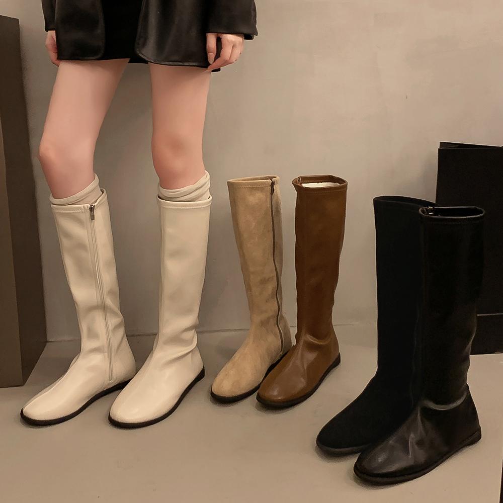 Beautiful Tube Thin Rad But Flat Single Boots Knight Boots Versatile Korean Version Tall Boots Female White Round Head Thin Long