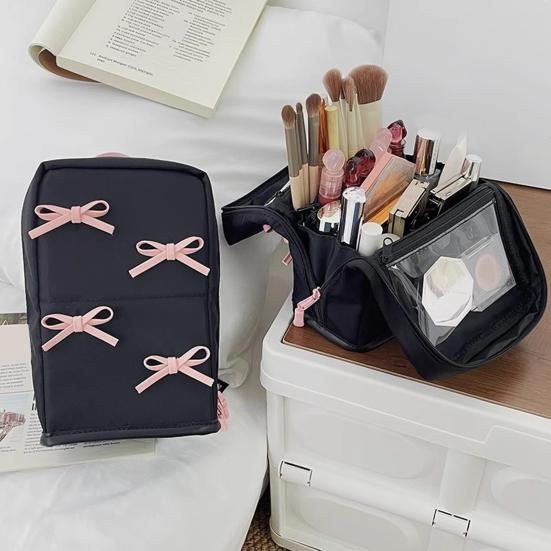 Makeup Bag Folding Multi-Part Cosmetic Storage Bag with Pink Bow Decoration Large Capacity Makeup Case