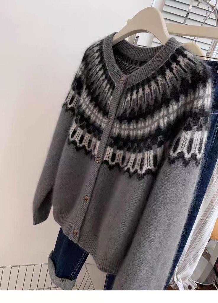Women's 2025 Fair Isle Red Wool Cardigan - Thick Knit New Year's Sweater Coat (Gray)