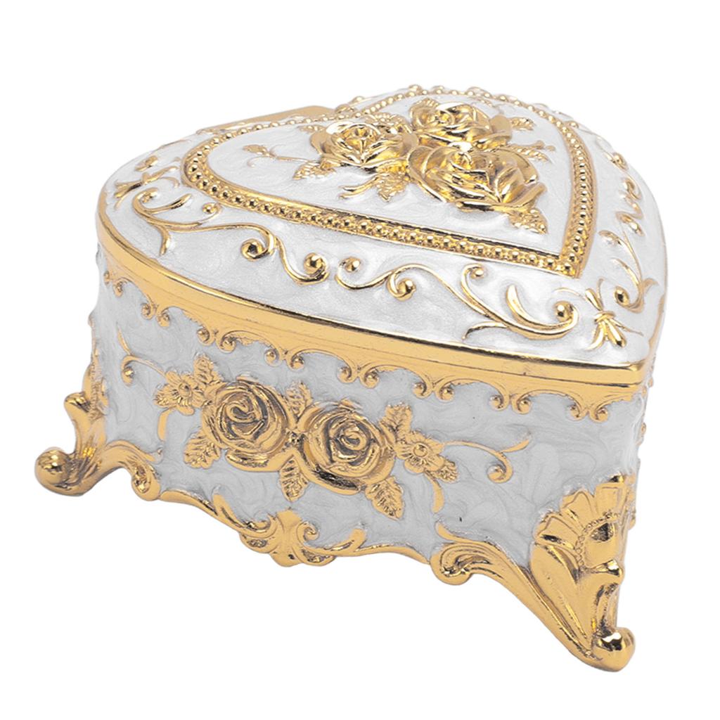 Small Jewelry Box Heart Shape Vintage Decorative Box Zinc Alloy Storage Container for Accessories and Gifts White