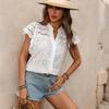 Women's White Eyelet Embroidery Blouse Stand Collar Button-Down with Ruffle Sleeves