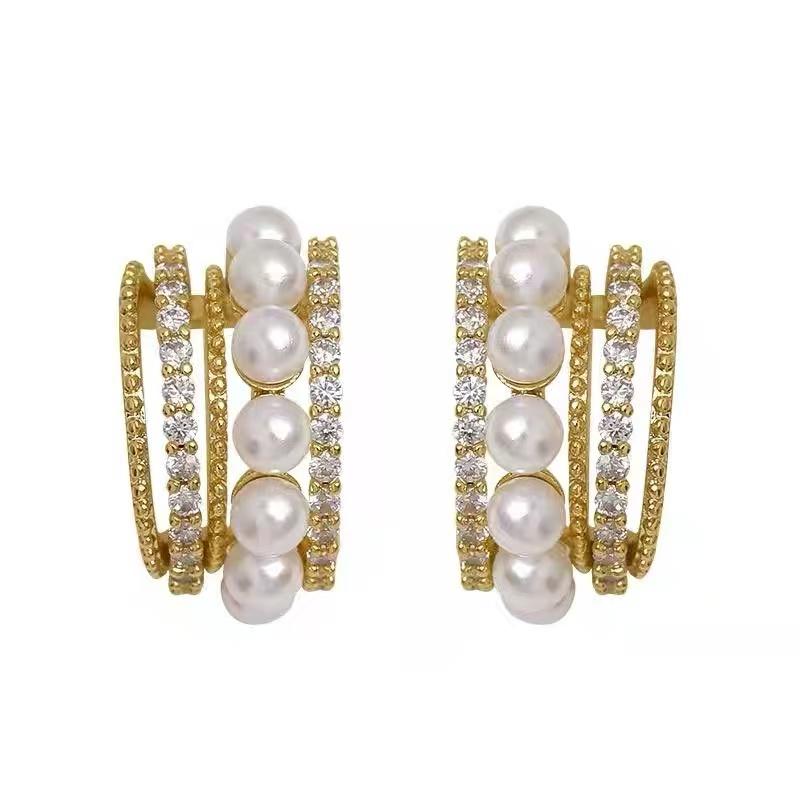 Exquisite French-style Pearl-accented Zircon C-shaped Gold Color Earrings 2026 New Design Jewelry Luxurious Accessory for Women
