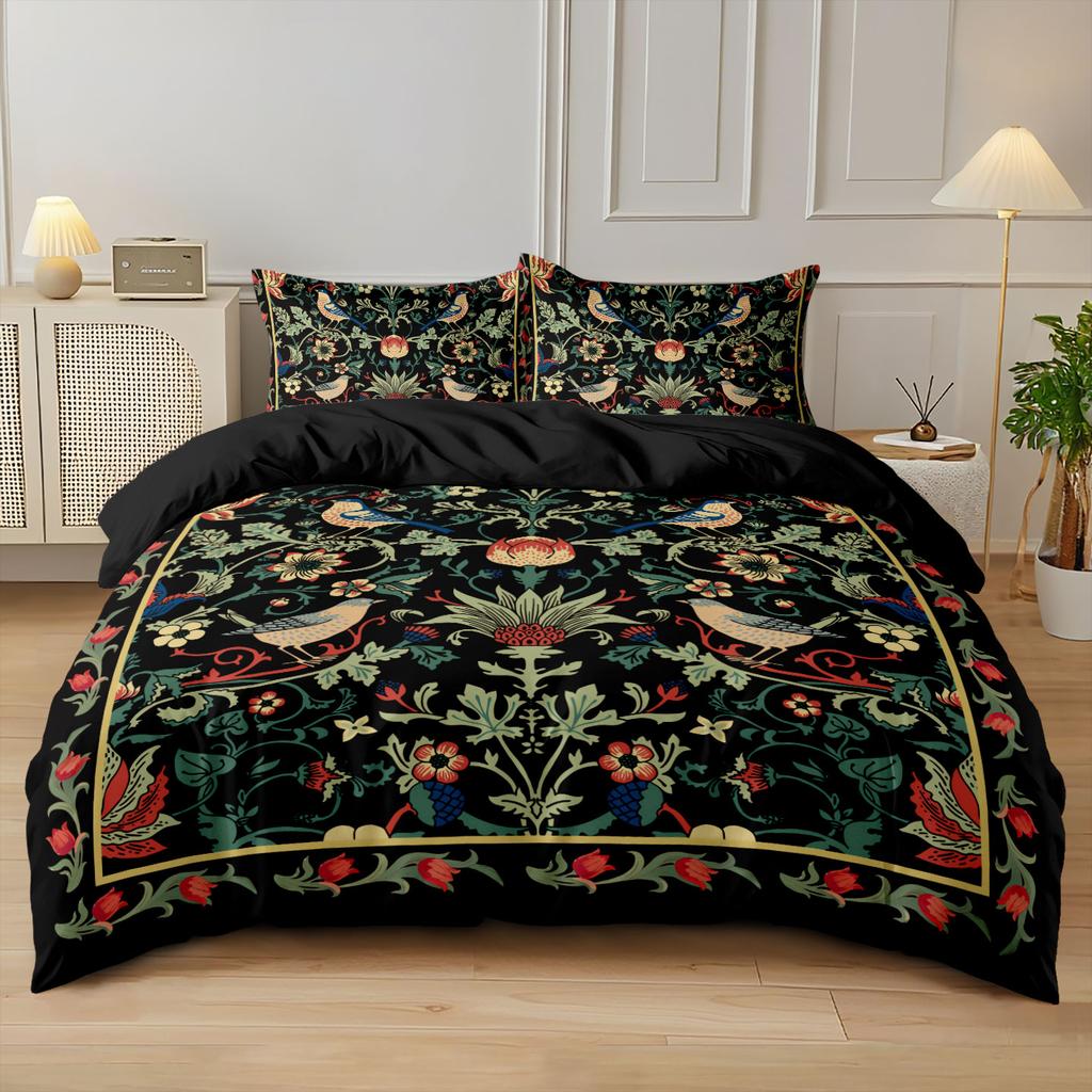 3pcs Black Retro Floral Print Coreless Duvet Cover Set Multi Size Bedroom Dormitory Soft and Comfortable Machine Washable