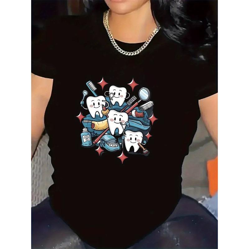 

European sizes Women s T-Shirt,Black & White Dental-Themed Fun Smiling Teeth & Dental Tools Print Lightweight Breathable Fabric Comfortable Round Neck 4XL