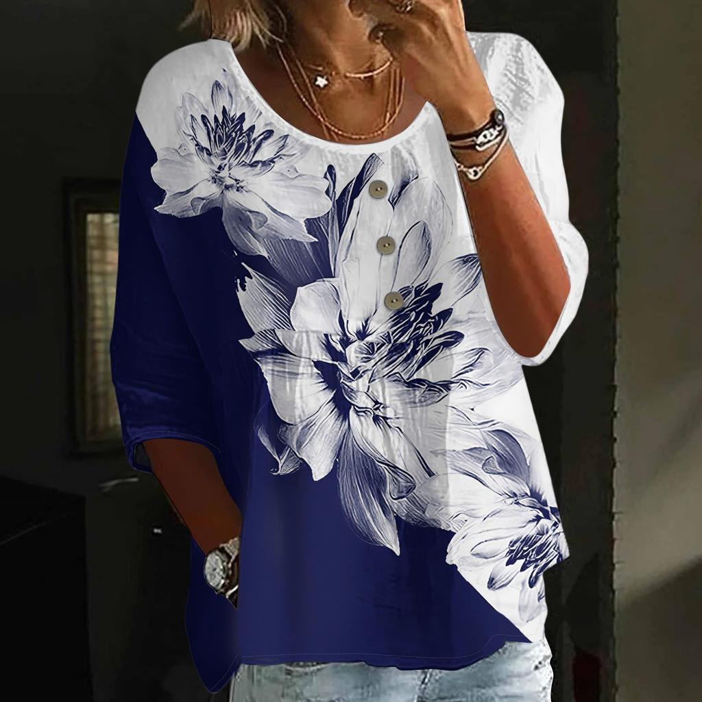 Women's Fashion Casual Three-quarter Sleeve Loose Round Neck Button Floral Print Top