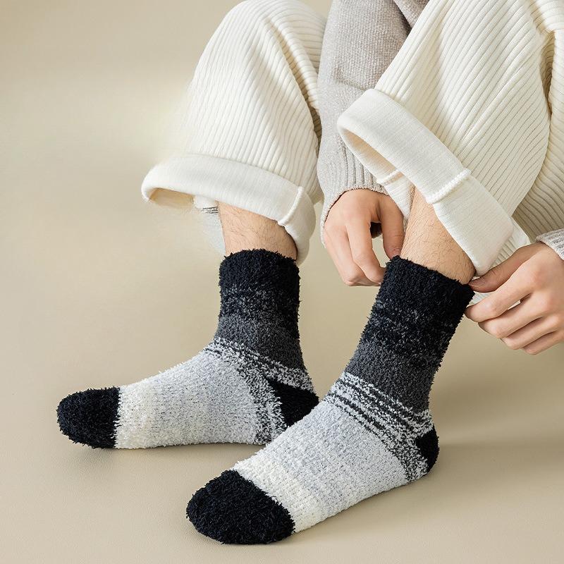 Autumn and Winter Men's Coral Fleece Tie-dyed Floor Socks, Men's Home Thickened Warm Mid-calf Socks, Casual Men's Socks