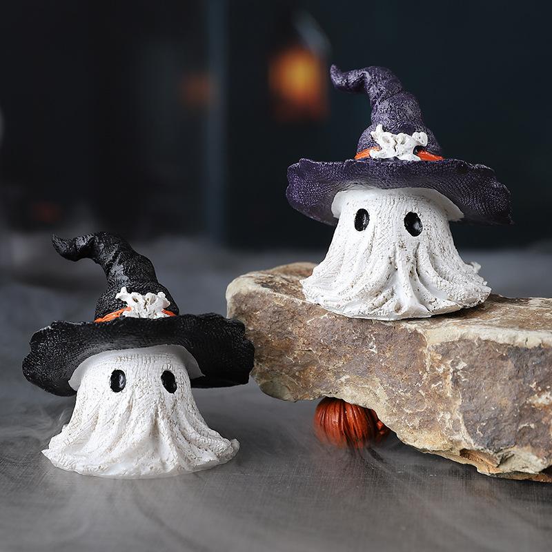 Haunted Resin Ghost Figurines - Halloween Witch Hat Decor with Mini Pumpkins for Party Tabletop Scenes