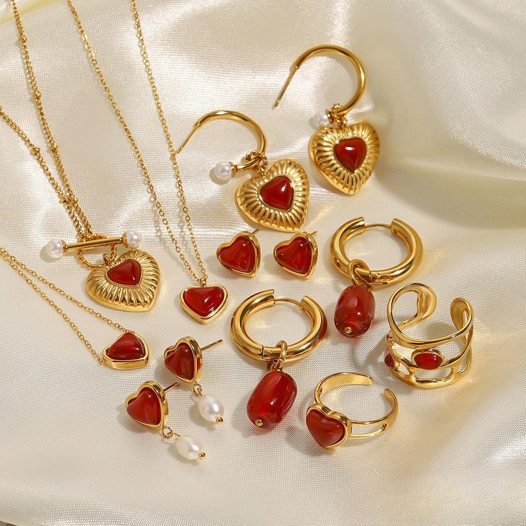 Stainless Steel Red Agate Heart-shaped Necklace, High-end Pendant Earrings, Exclusive Ring