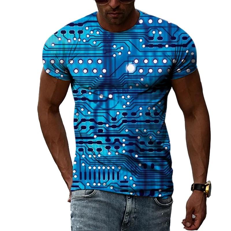 Summer Round Neck 3D Circuit Board Print T-shirts Fashionable Casual Short Sleeved Men's T-shirts