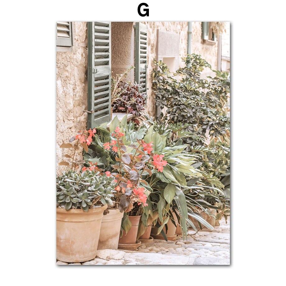 Retro Town Flower Street View Car Moto Bike Windowsill WallPosters Art Canvas Painting  And Prints Picture For Living Room Decor