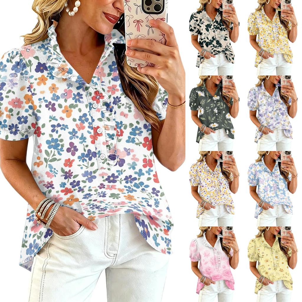 Blusa Stampata da Donna con Volant Scollo a V Manica Corta Casual Vestibilità Larga Bottoni Top Leggero per l'Uso Quotidiano