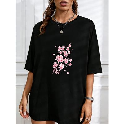 Weißes T-Shirt mit Kirschblütenprint für Damen, lässige Frühlings-Sommer-Kleidung