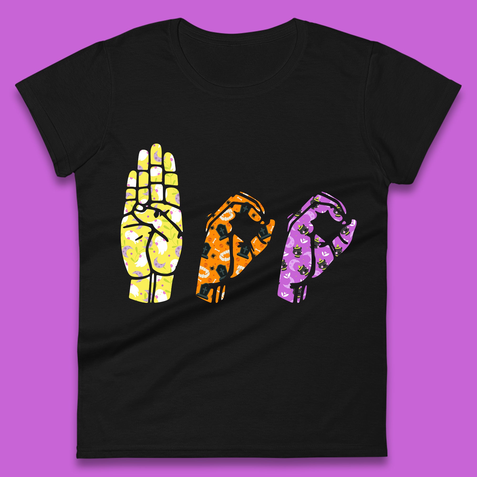 

Halloween Hand Sign Language Boo Ghost American Sign Language Alphabet ASL Halloween Womens Tee T Shirt Mens Tops Unisex Top XL