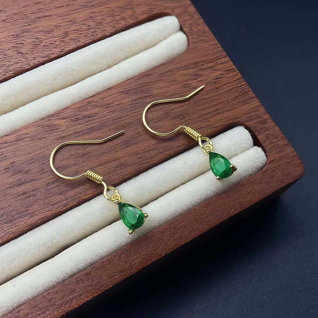 18K Gold Plated S925 Sterling Silver Vintage Emerald Teardrop Earrings with Ear Hooks