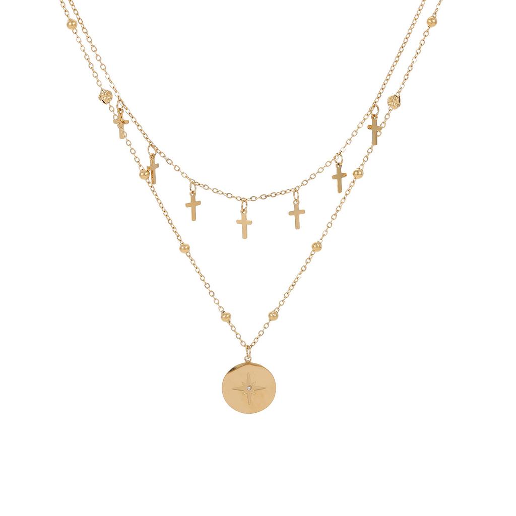 European and American Fashion Retro Double Layer Twin Titanium Steel Necklace Cross Awn Star Round Brand Stainless Steel Necklace