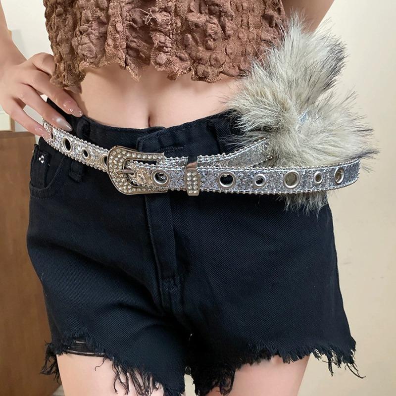 Punk PU Studded Fur Belt Y2k Vintage Faux Fur Rhinestone Patchwork Belt Metal Plush Waist Chain Furry Waistband Jeans Belts