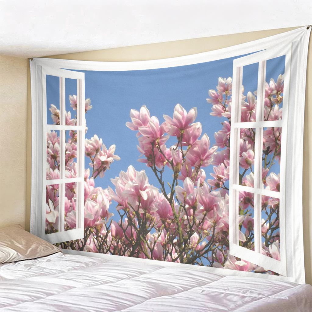 Window View Tapestry Wall Hanging, Scenic Nature Landscape Backdrop, Artificial Window Wall Decor for Bedroom Living Room