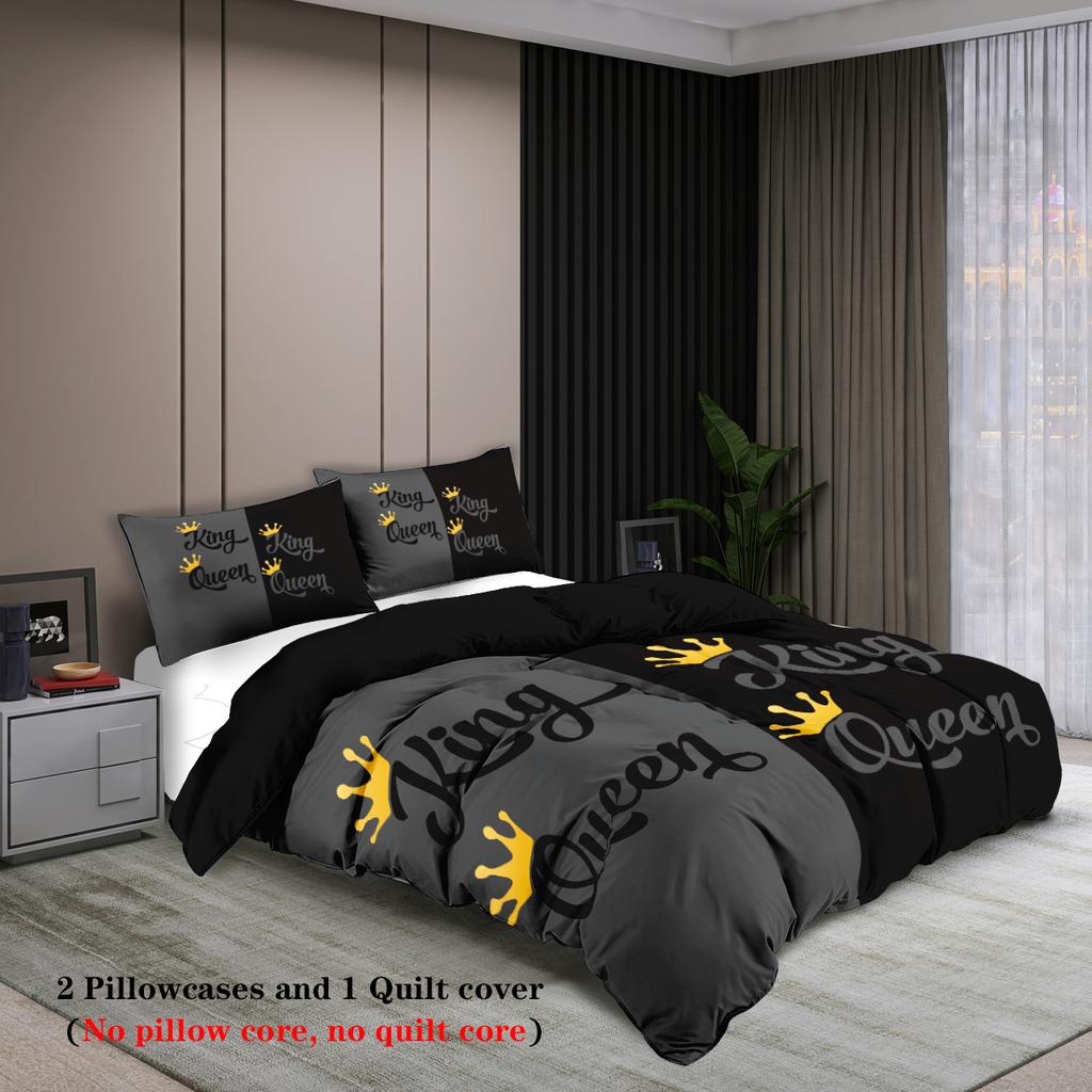 3-piece Couple Black Grey King Queen Pattern Printed Down Duvet Cover (1 piece set+2 pillowcases, no core) Couple Bedding Set