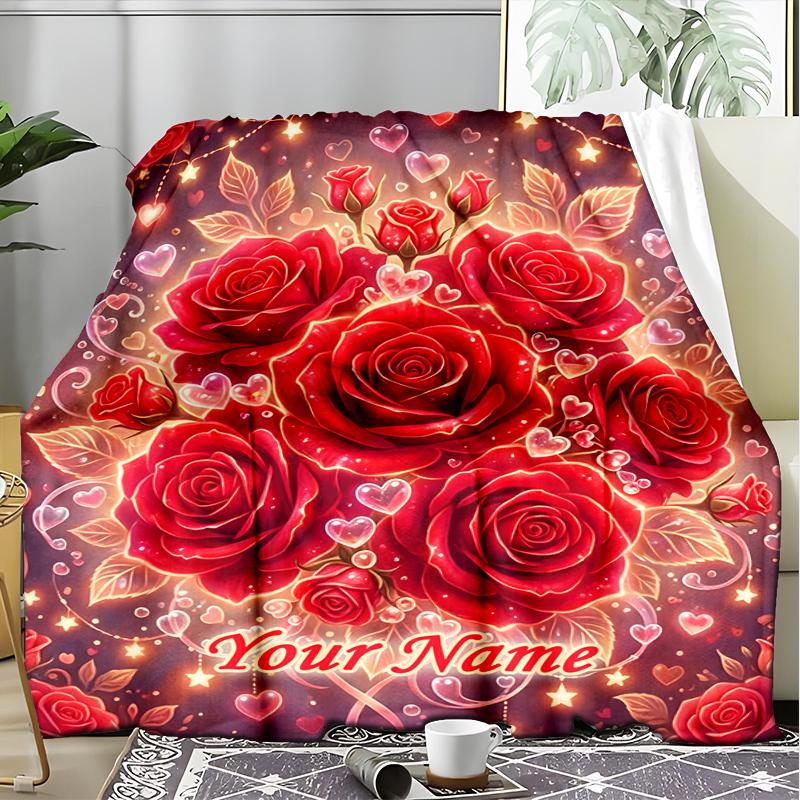1PC Custom Name Roses Hearts Background flannel blanket versatile,all-season throw suitable for the living room,bedroom,camping,travel,and gift