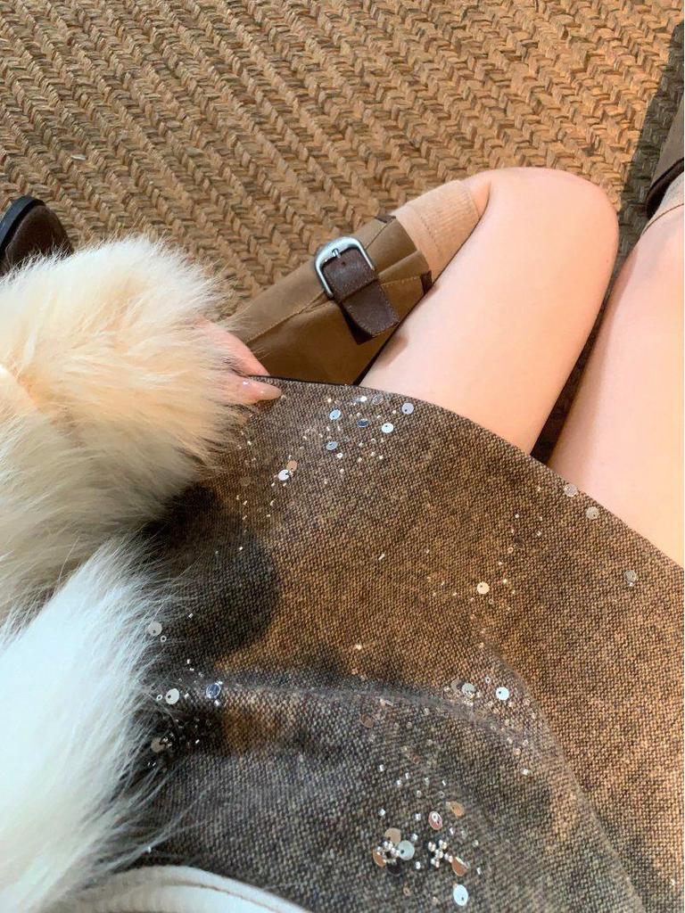 Korean Style Woolen Plaid Heavy Beaded High Waist A-line Skirt Pants for Women - Winter New Arrival