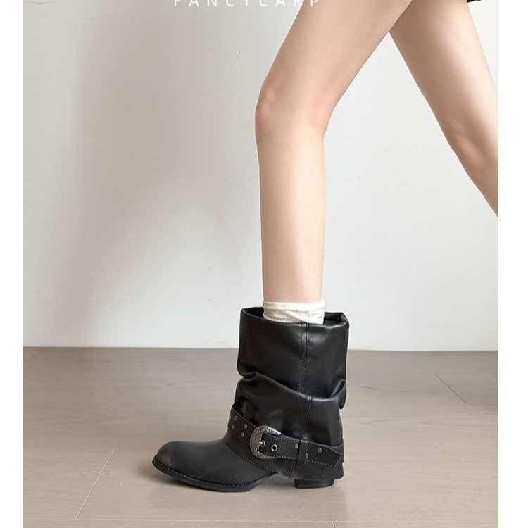 Western Buckle Boots Retro Belt Short Boots Women's Thick Heel Skinny Short Pile Pants Tube Autumn Versatile Folds