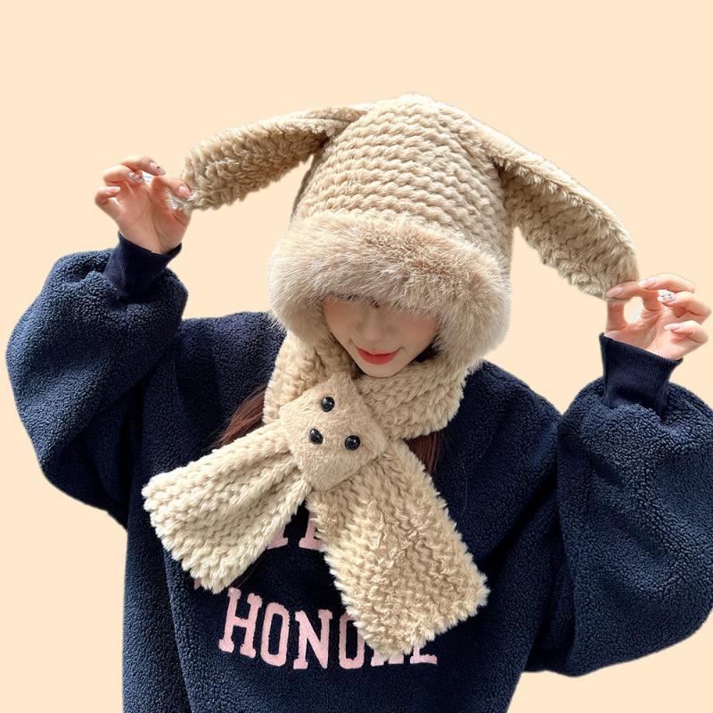 Cute Bunny Ear Plush Hat for Winter Thickened Warm Face-Flattering Ear Protection Scarf Integrated Cold Resistant Hat