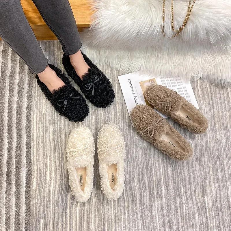Fashion Women Winter Furry Shoes New Moccasins Soft Flat Non-slip Loafers Fashion Comfort Warm Plush Slip on Female Cotton Ballet Shoes