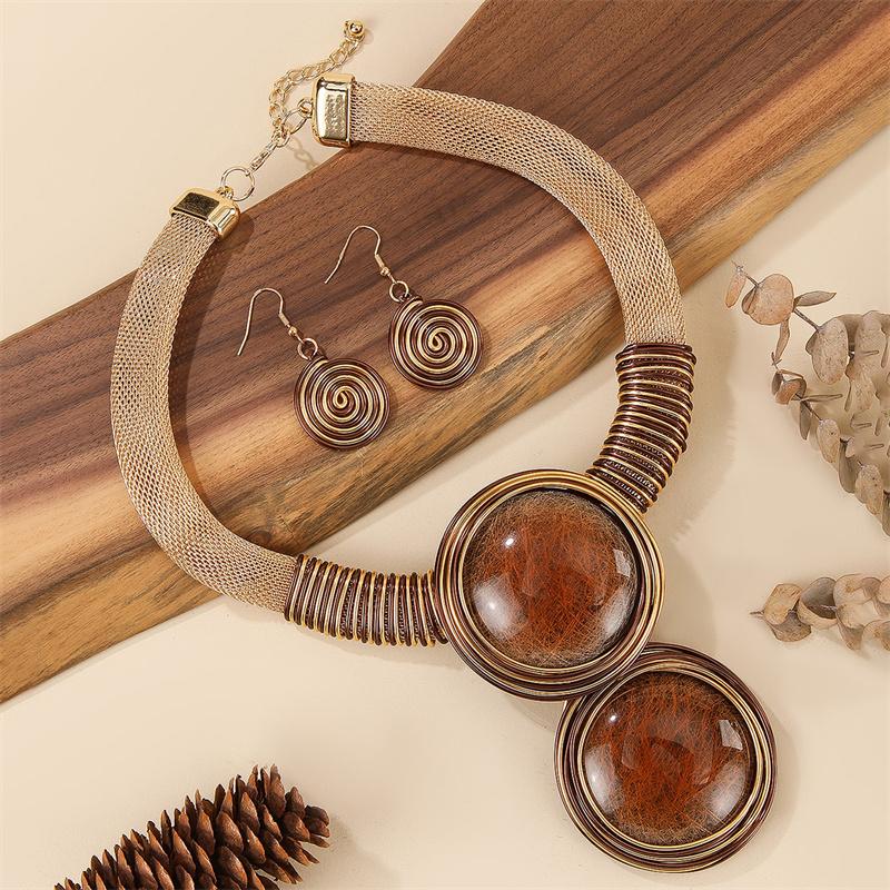 New African Colorful Round Geometry Zircon Set Aluminium Wire Necklace Earrings Set For Women Party Wedding Dress Gifts
